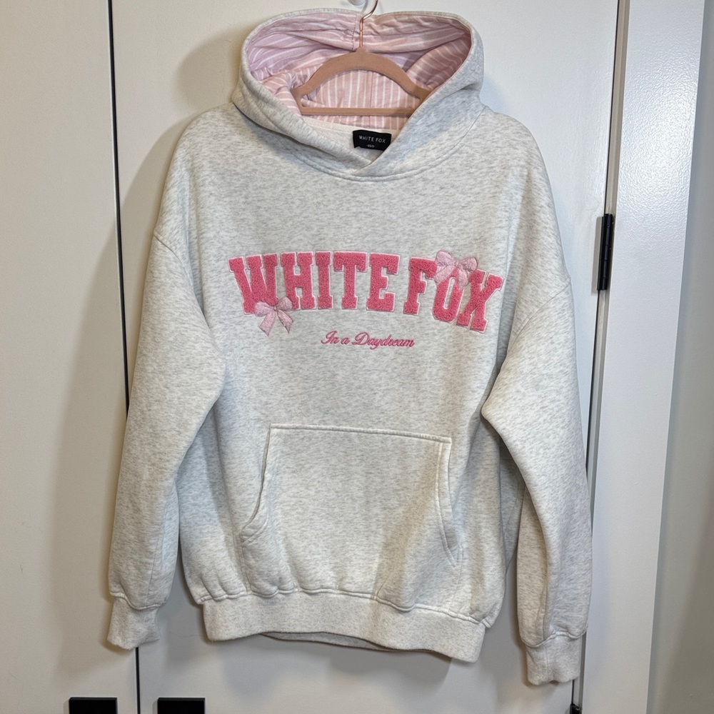 White Fox Boutique Heather Gray Hoodie with Pink Logo
